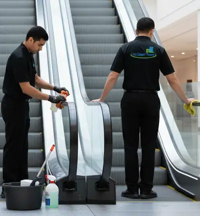 Commercial escalator and moving walkway cleaning