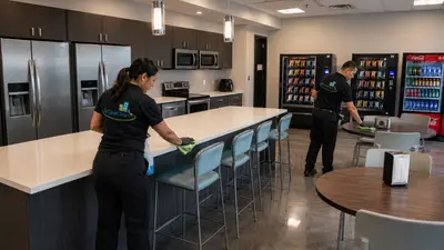 Clean office break room and kitchen across an Arizona workplace