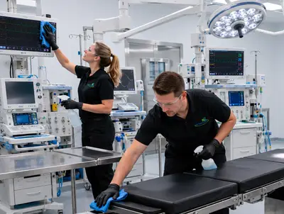 Cleaning a medical exam room in a healthcare facility