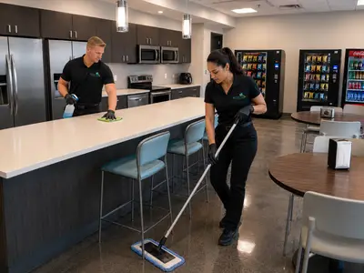 Freshly cleaned office break room and kitchen area