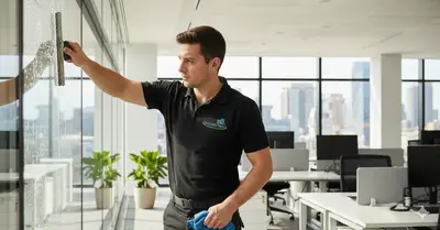 Technician cleaning commercial storefront windows